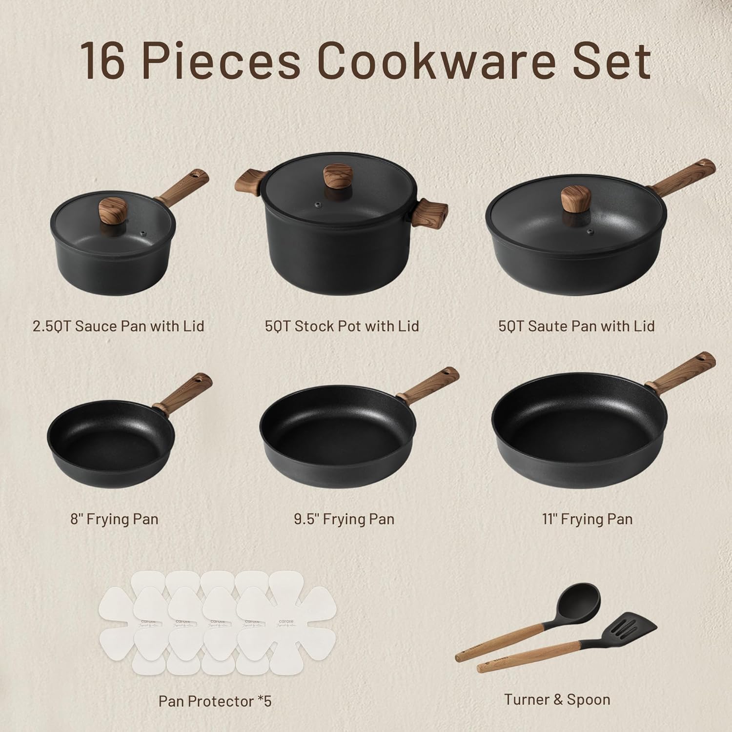 CAROTE Nonstick Pots and Pans, Induction Cookware Set 16pcs Kitchen Cooking Sets, Pot and Pan Non Stick w/Frying pan (PFOS, PFOA Free) - Image 2