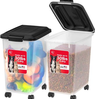 IRIS USA Dog Food Storage Container, 2 Pack, Up to 30 lbs Each, Airtight Seal for Freshness, Wheels for Rolling, Easy One Hand Opening, Made in USA, BPA Free, Clear/Black
