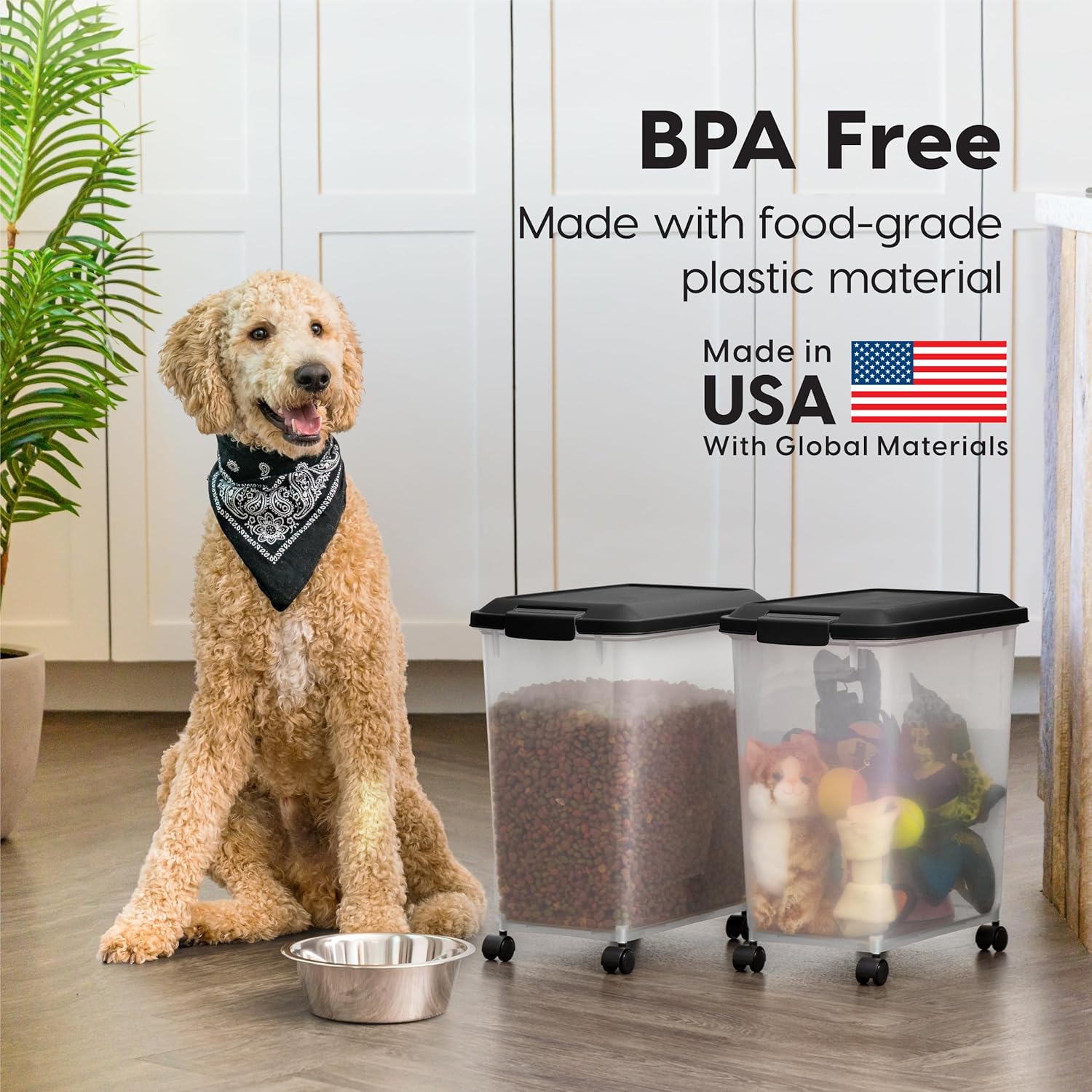 IRIS USA Dog Food Storage Container, 2 Pack, Up to 30 lbs Each, Airtight Seal for Freshness, Wheels for Rolling, Easy One Hand Opening, Made in USA, BPA Free, Clear/Black - Image 8