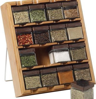 Kamenstein Jar Bamboo 3-in-1 Spice Organizer for Countertop, Wall, and Drawer with Spices Included, FREE Spice Refills for 5 Years, Lift & Pour Caps , 16 Count ( Pack of 1)