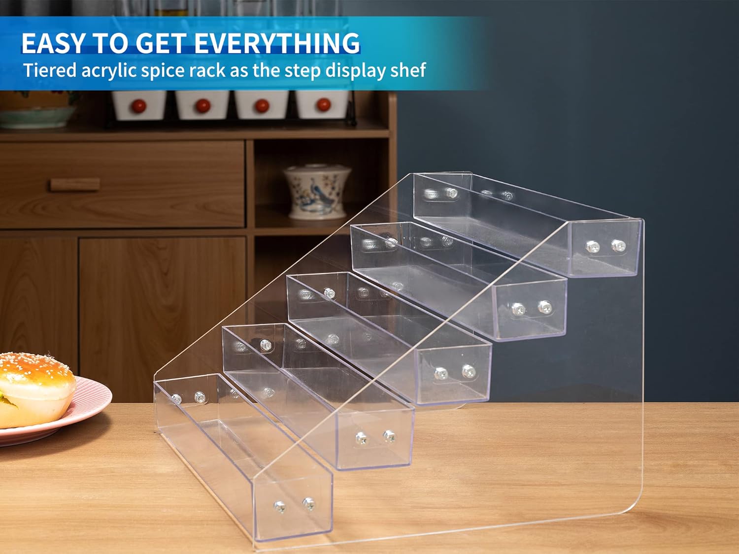 Tiered Spice Rack Acrylic, Spice Rack Shelf Seasoning Organizer for Countertop, Cabinet, Pantry, Kitchen Storage - 5 Tier - Image 2